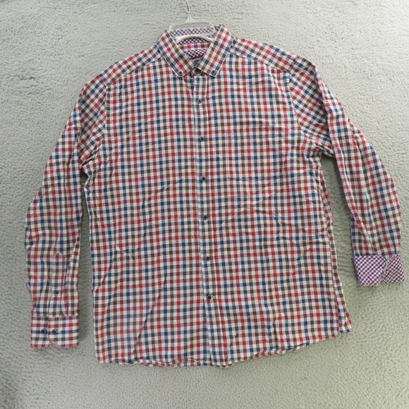 Johnston Murphy Shirt Mens Large Blue Check Long Sleeve Button Up Flip Cuff - Picture 1 of 10